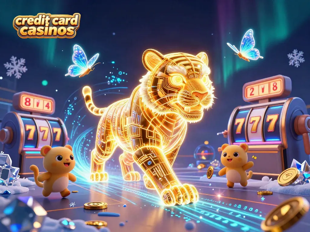 Experience the thrill of credit card casinos with a vivid 3D scene featuring a glowing tiger and dynamic slot elements.