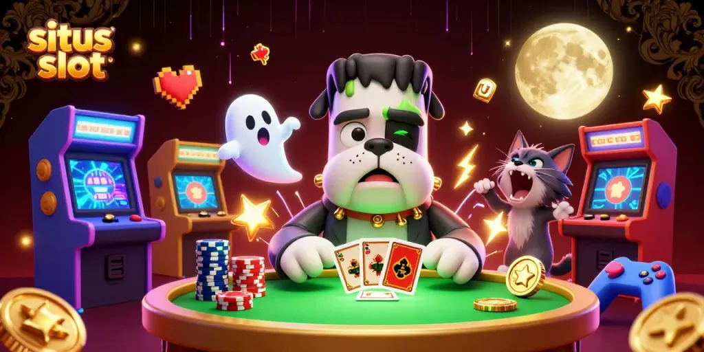 Mainkan situs slot dengan karakter unik dalam ilustrasi kasino yang penuh warna.