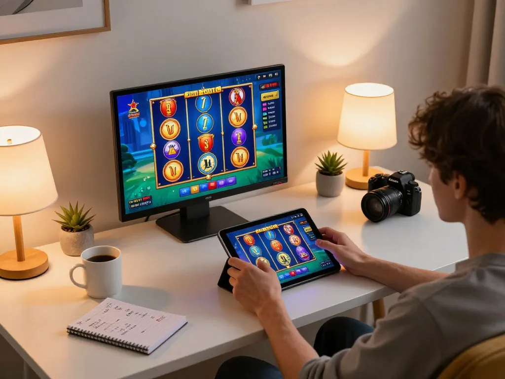 Player enjoying dewa slot online from a stylish home setup, tablet vividly displaying the game.