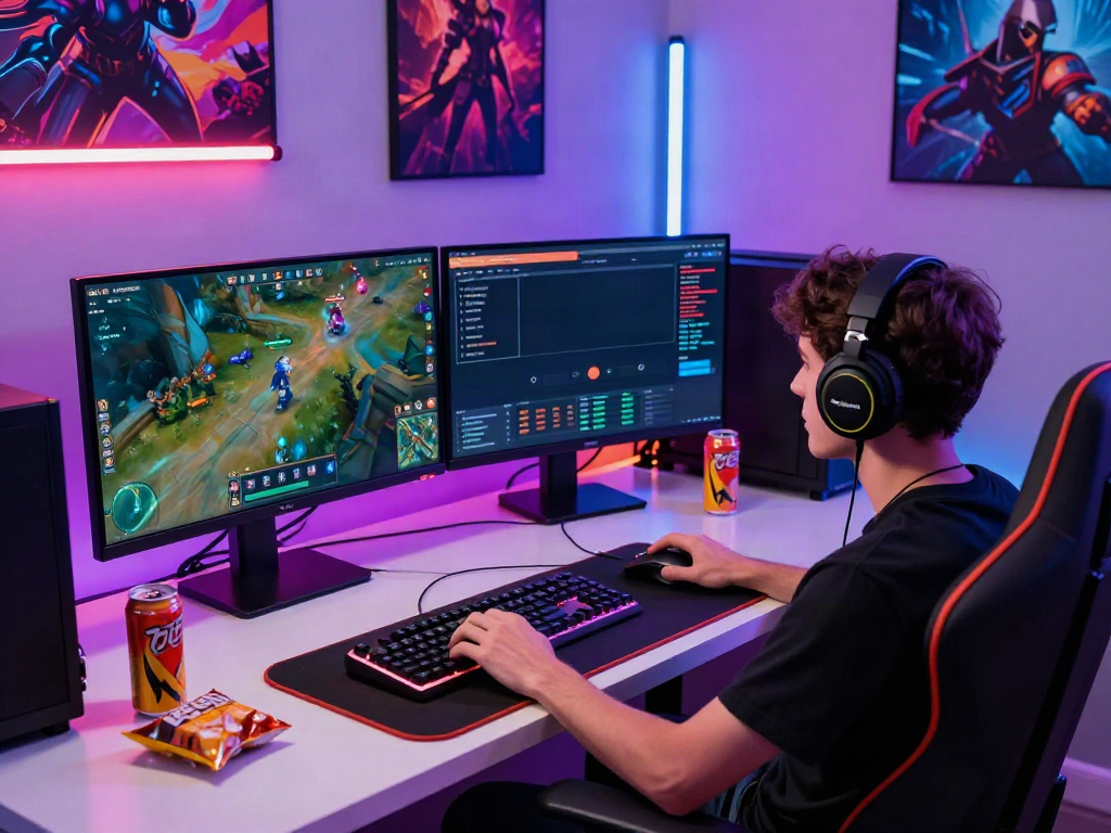 Engaged player in an akunjp gaming setup with vibrant LED lights, modern desk, and high-quality gaming equipment.