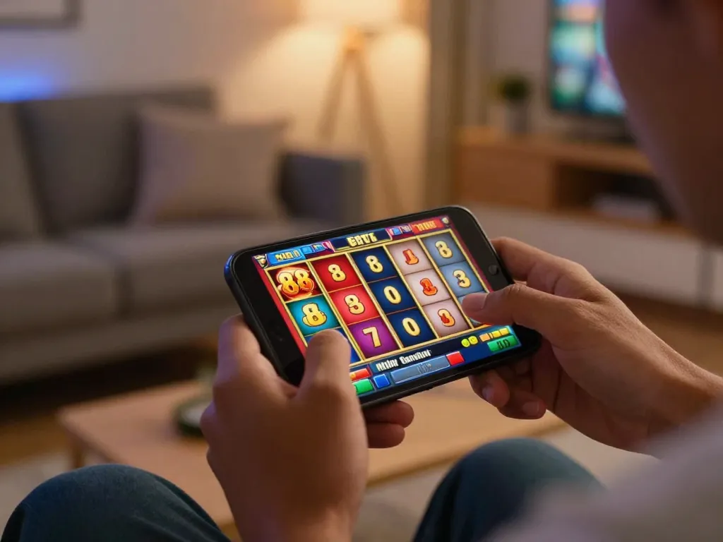 Engaged user playing slot 88 on smartphone, showcasing dynamic gameplay and vibrant game graphics.