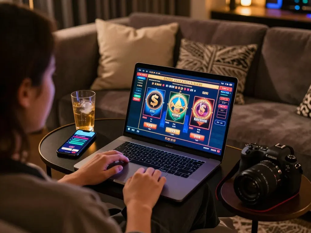 Situs slot gacor gaining traction on a laptop screen with a gamer focused on winning strategies.