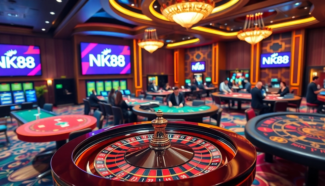 Players enjoying a thrilling game at NK88 casino with vibrant tables and roulette wheel.