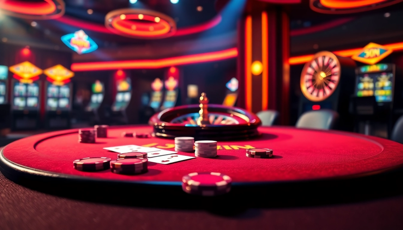 Experience high-stakes gaming at 13 win with a luxurious poker table and enticing casino machines.