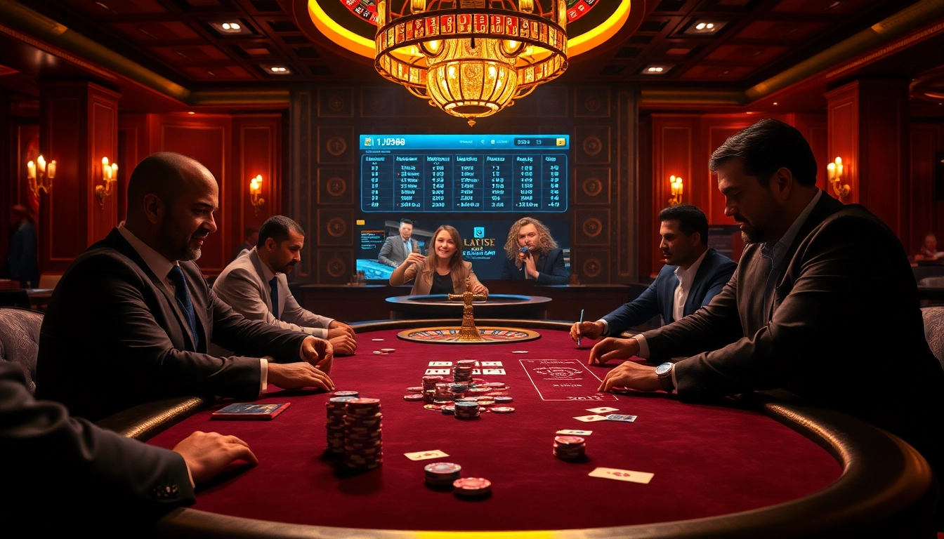 Players strategizing wins at the poker table in an upscale casino setting, focused on j88 betting.