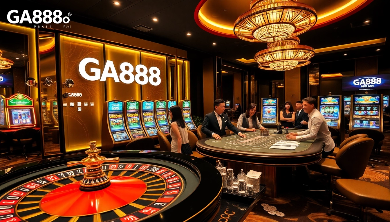 Experience intense gaming at GA888 with poker chips and a vibrant roulette wheel.
