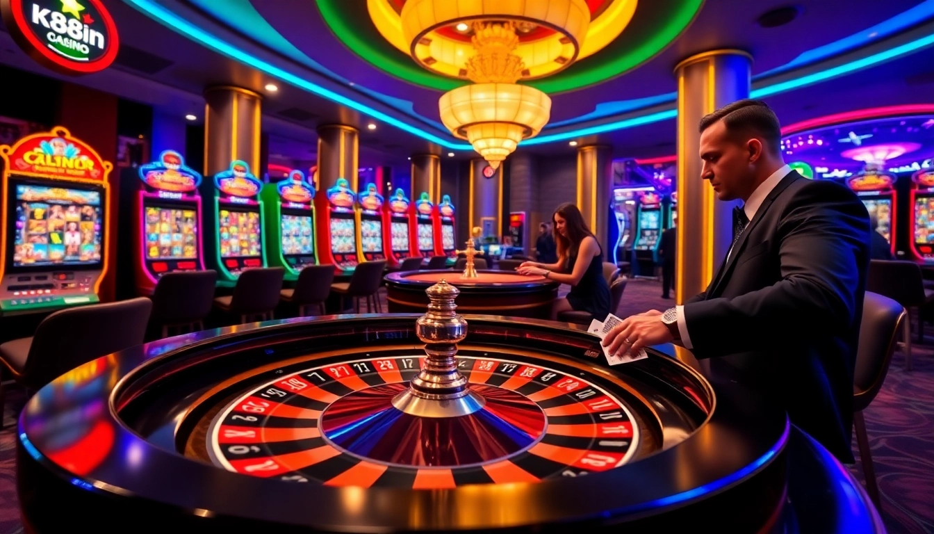 Experience thrilling gaming at k88win with vibrant casino tables and roulette wheels.