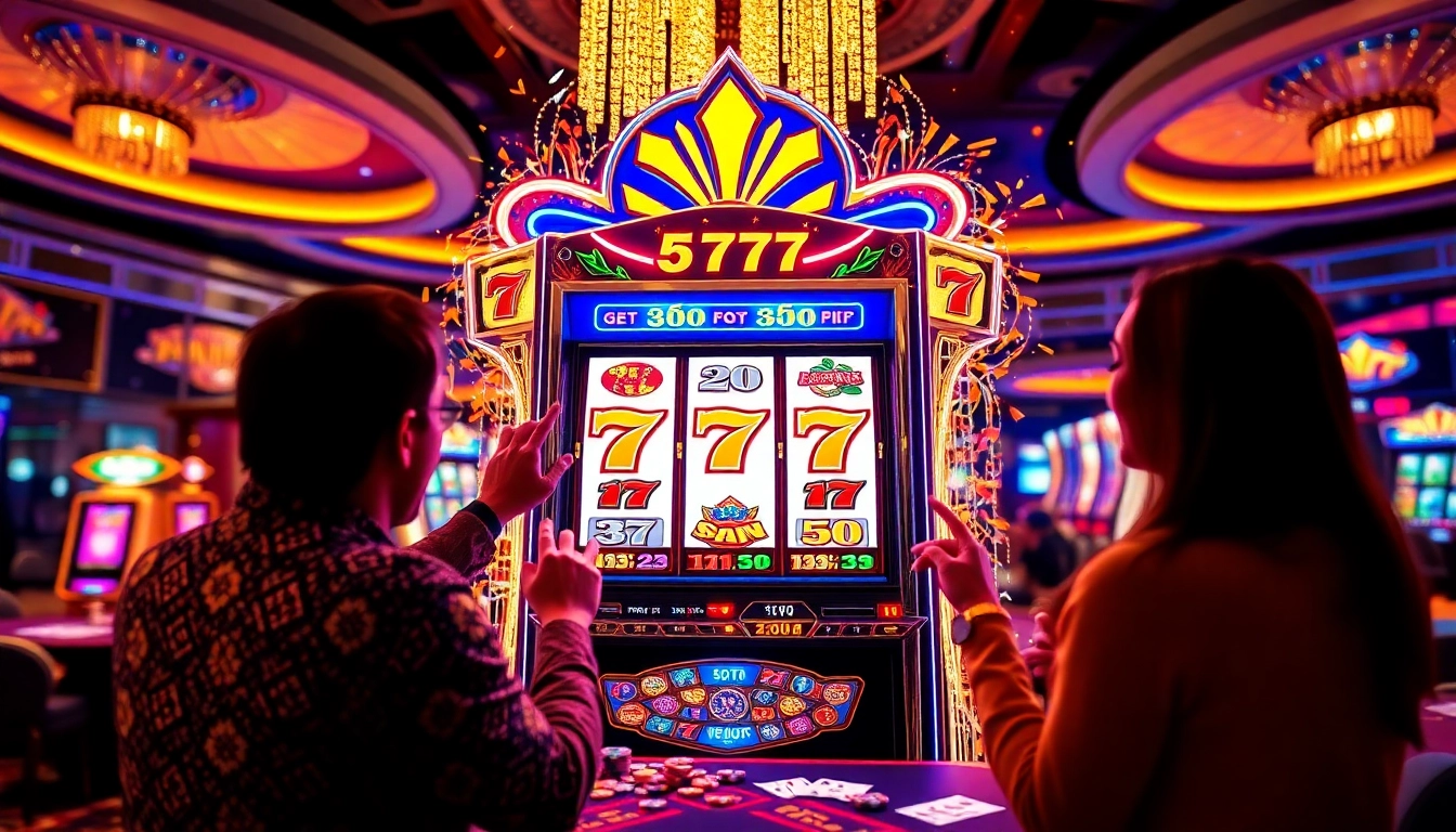 Players enjoy the excitement of the slot777 machine, celebrating wins with poker chips in a vibrant casino atmosphere.