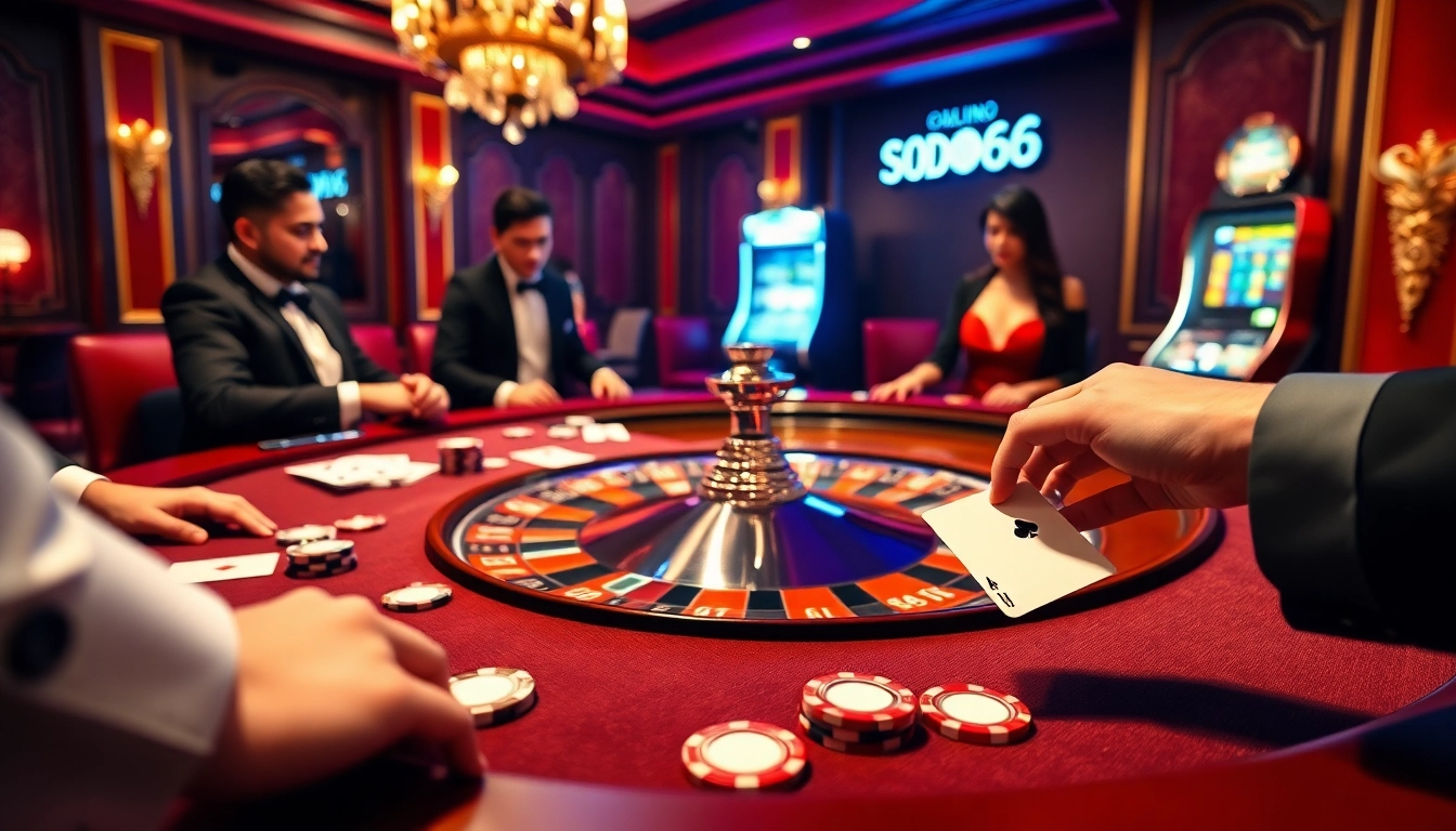 SODO66 players engaging intensely at a luxurious casino table, showcasing excitement and strategy.