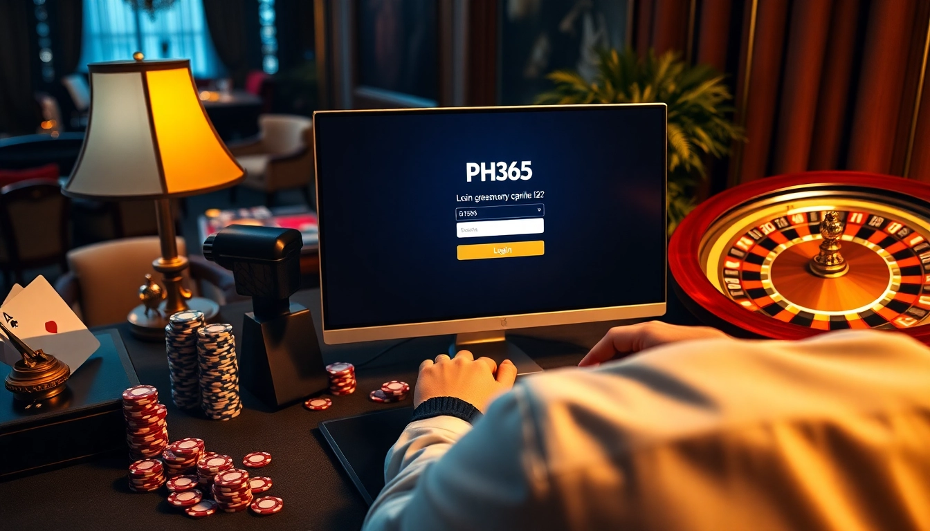 The vibrant PH365 login scene showcasing a luxurious casino atmosphere with poker chips and cards.