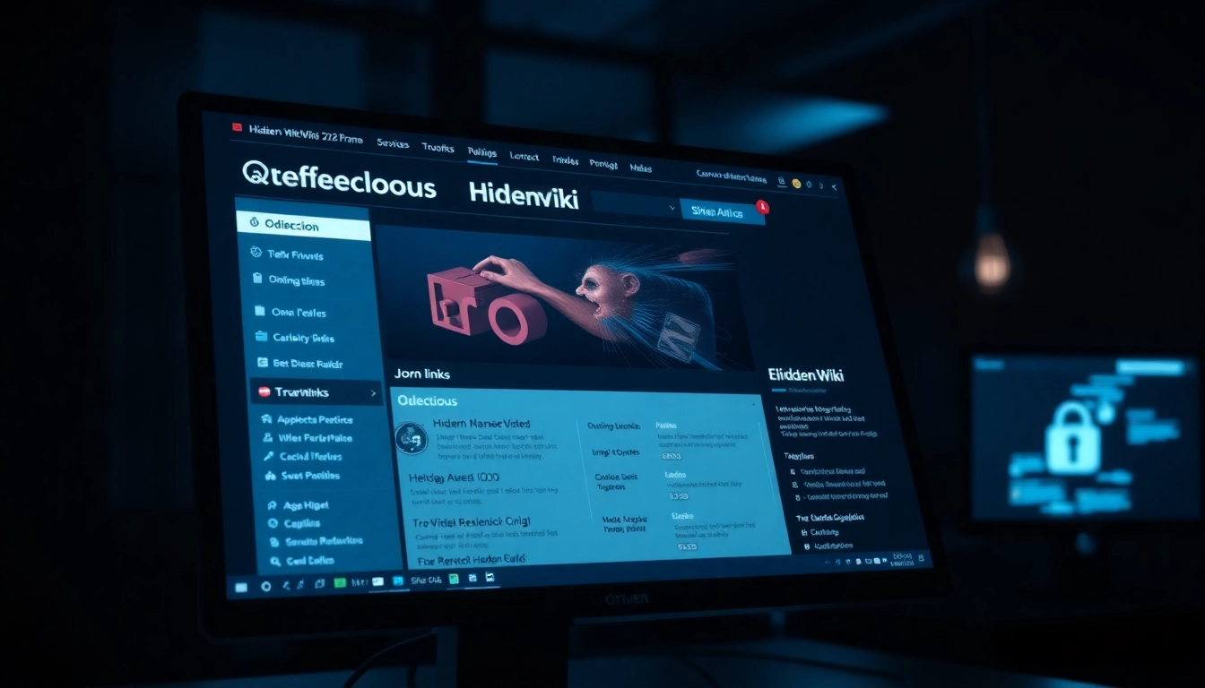 Explore the hidden wiki url directory showcasing secure .onion links in a modern digital interface.
