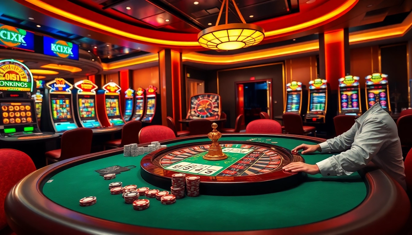 Players strategizing at a poker table in Okking-themed casino, with vibrant slot machines and roulette wheel.