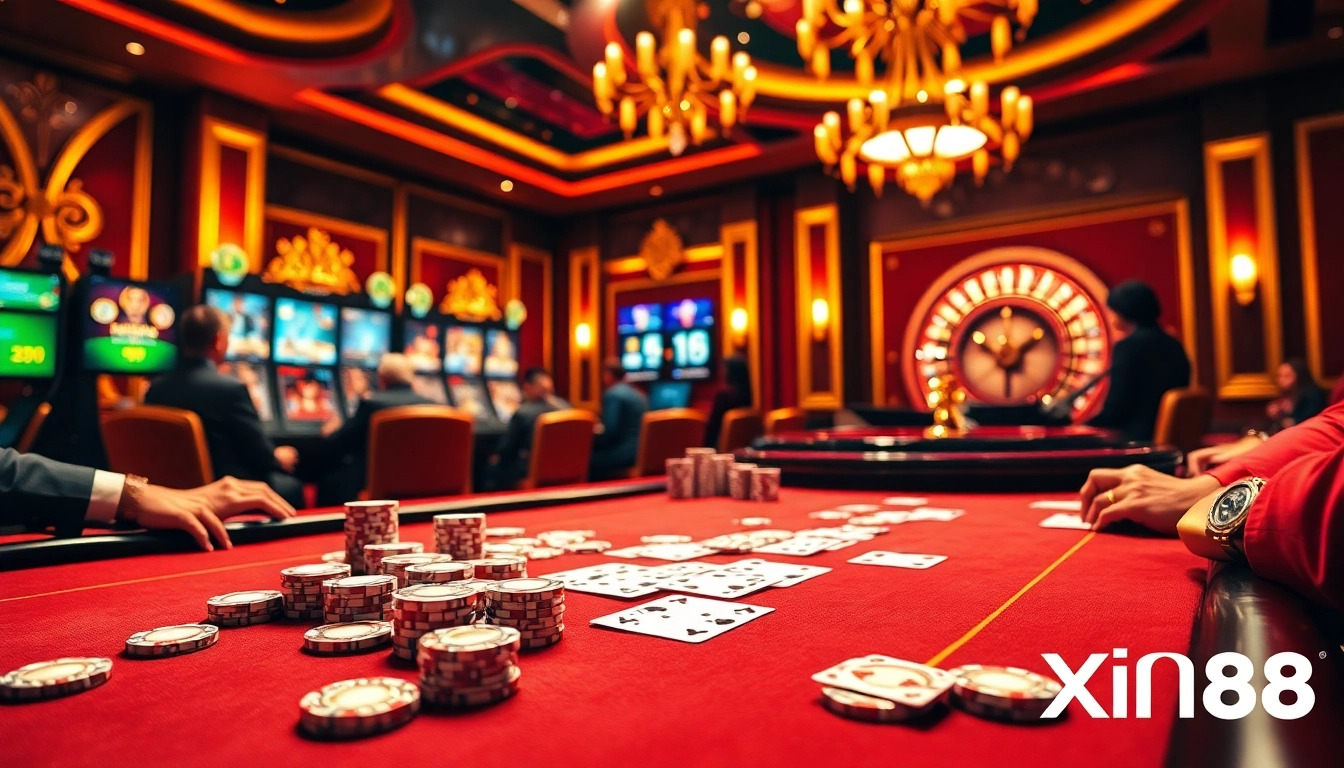 Experience thrilling poker gameplay at Xin88 casino with colorful chips and cards.