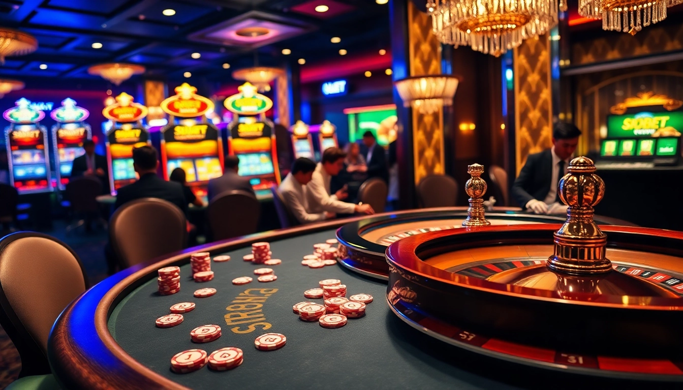 SBOBET players engaging in thrilling poker and roulette games at a luxurious casino table.