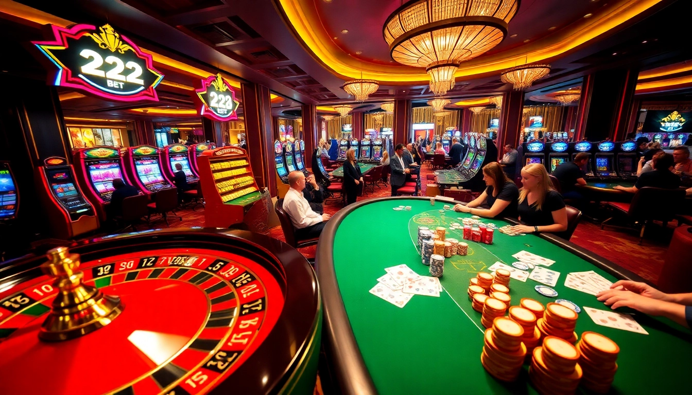 Experience thrills at 12BET's glamorous casino floor, featuring slot machines, poker tables, and vibrant atmosphere.
