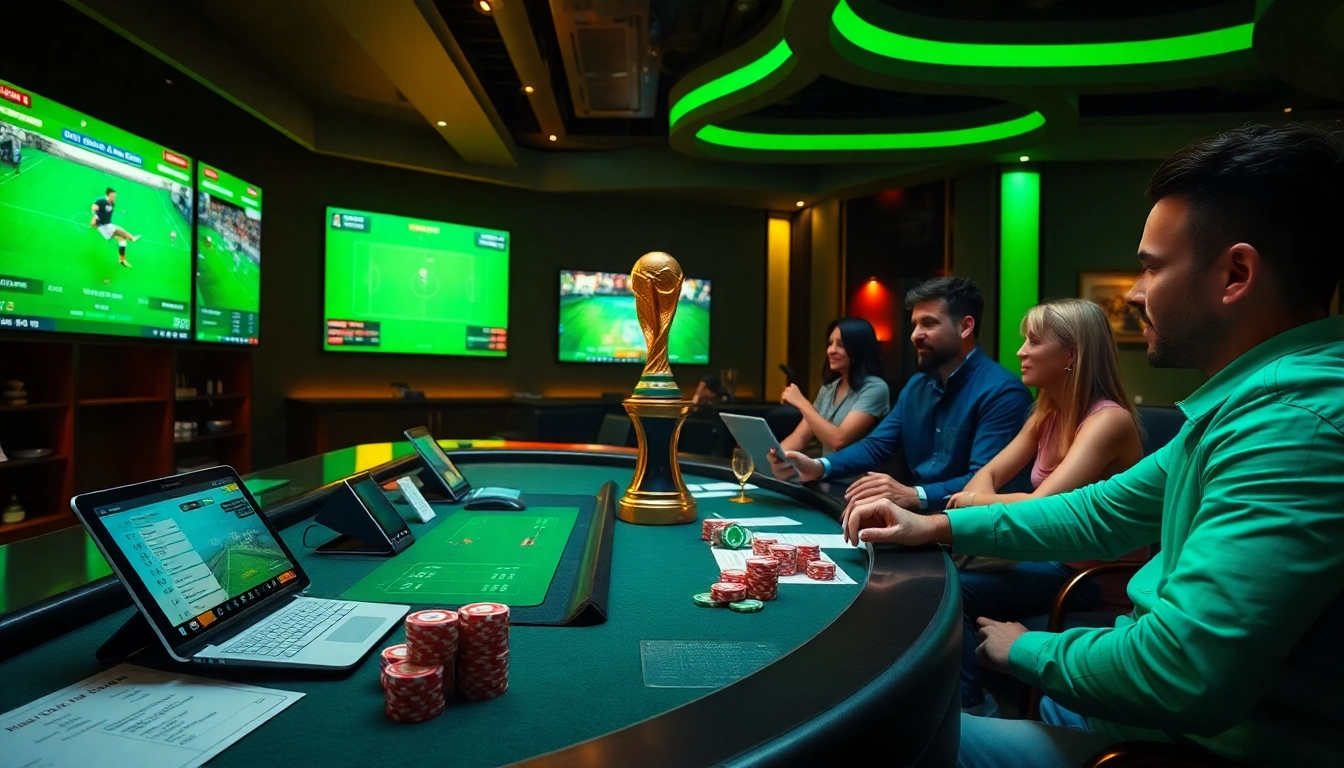 Engage inแทงบอลโลก with a vibrant virtual betting scene featuring live matches and dynamic gaming elements.