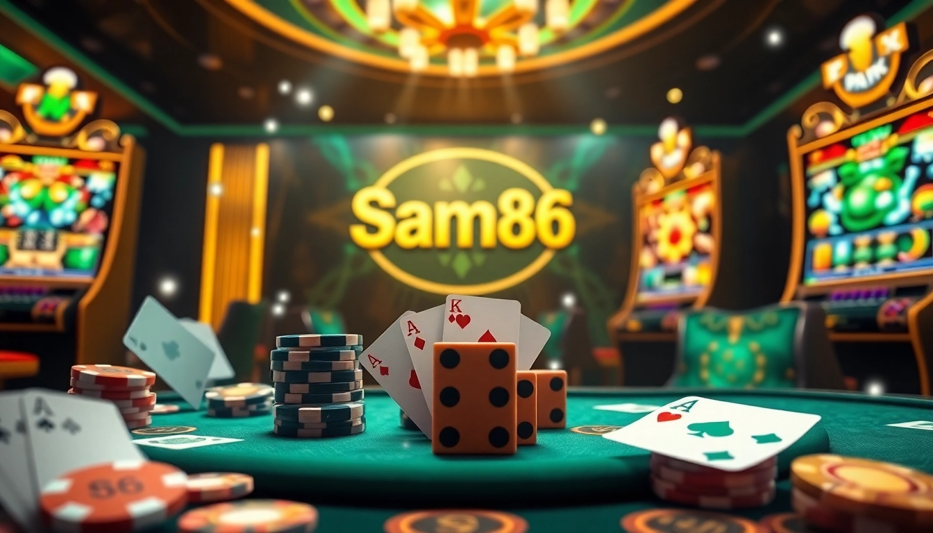 Experience thrilling gameplay at Sam86, featuring vibrant poker chips and slot machines in a luxurious setting.
