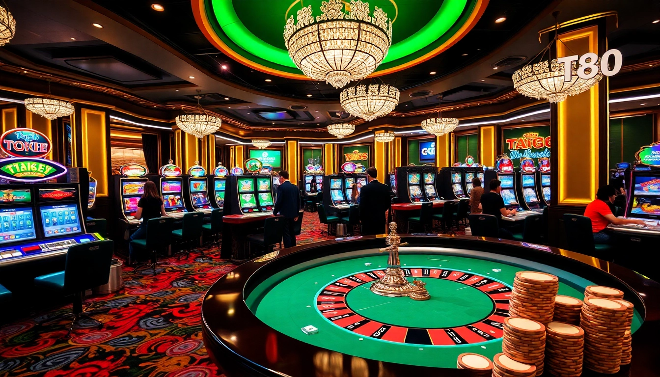 Players engaging with the tg88 app in a vibrant casino setting, highlighting excitement and luxury.