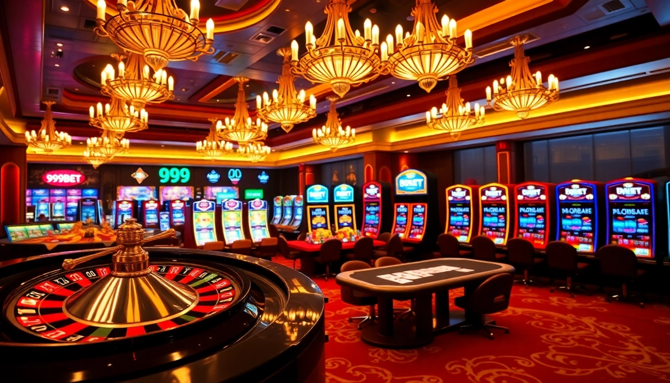 Exciting game action at 999BET casino with roulette wheel, poker tables, and slot machines.