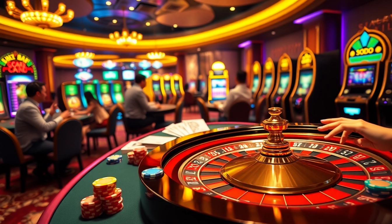 SODO casino scene featuring players at a roulette table with vibrant chips and cards.