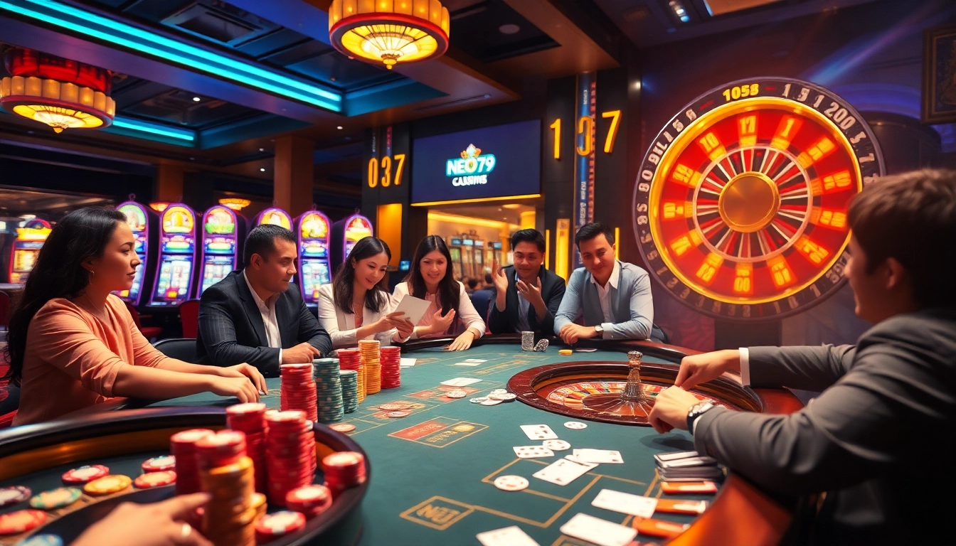 Captivating NEO79 casino scene showcasing thrilling poker play and vibrant slot machines.