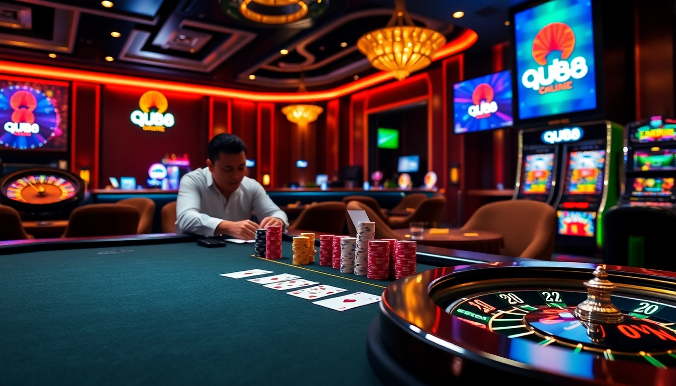 Experience thrilling gaming action at qh88's online casino with poker chips and a roulette wheel.