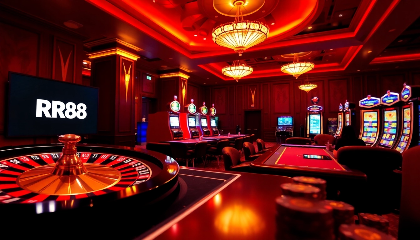 RR88 casino scene with roulette wheel, poker chips, and vibrant slot machines.