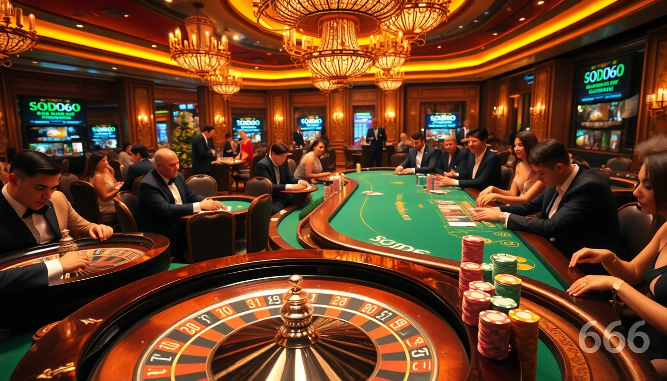 Excited players engaging in high-stakes games at SODO66 casino, showcasing luxury and thrill.