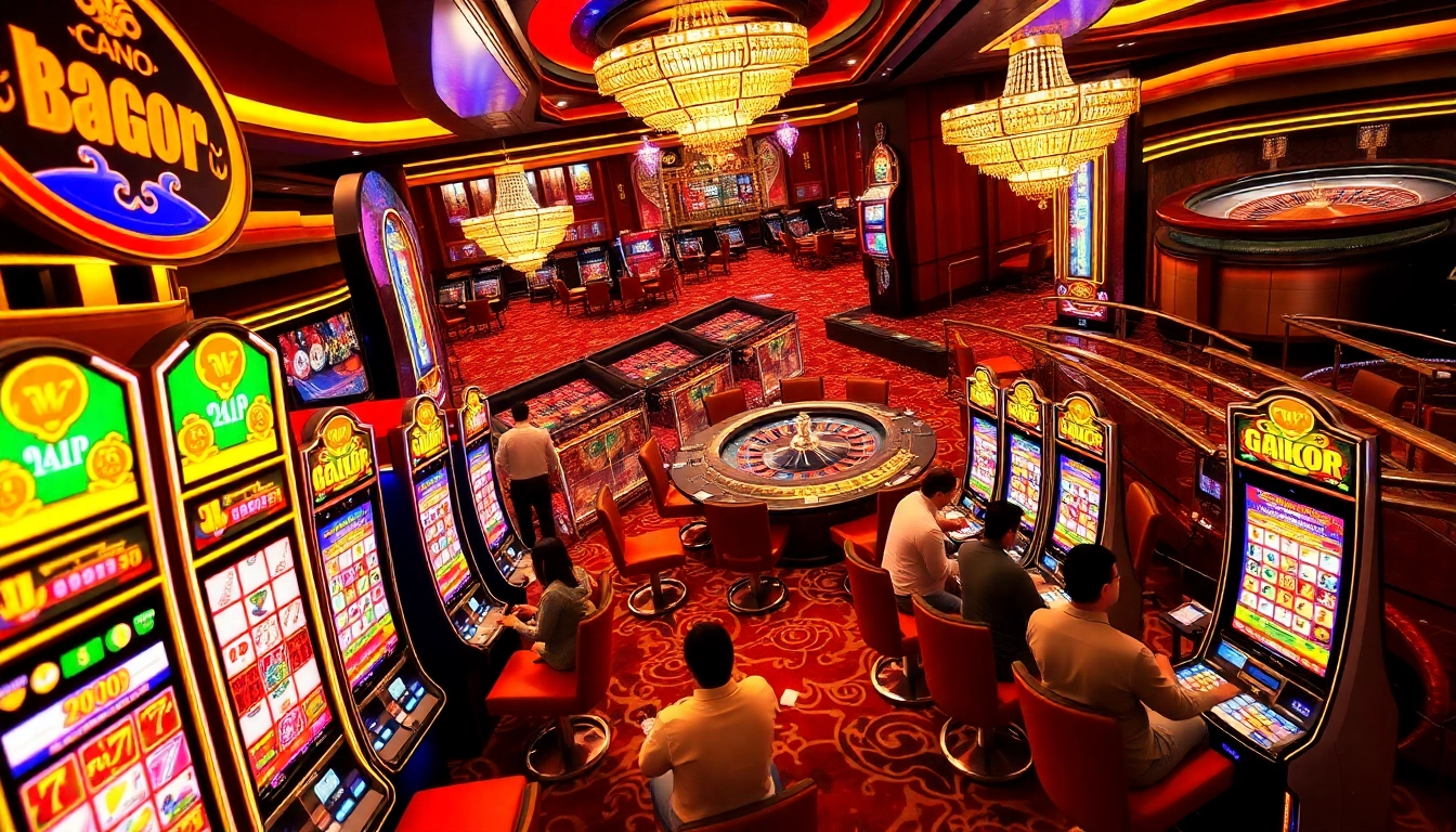 A thrilling casino atmosphere featuring players enjoying situs gacor slot machines, immersed in the excitement and colors of winning opportunities.