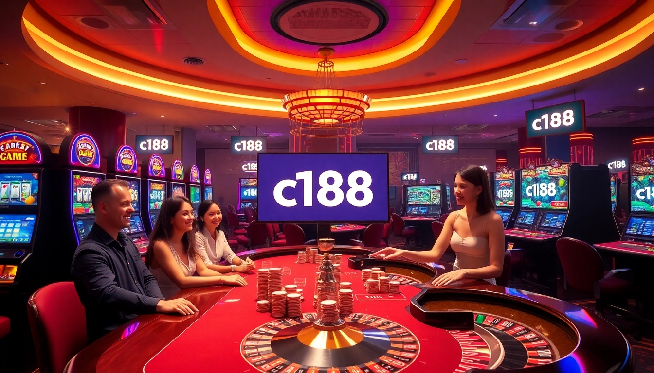 Exciting gaming scene featuring the c168 game with vibrant slot machines and thrilled players.