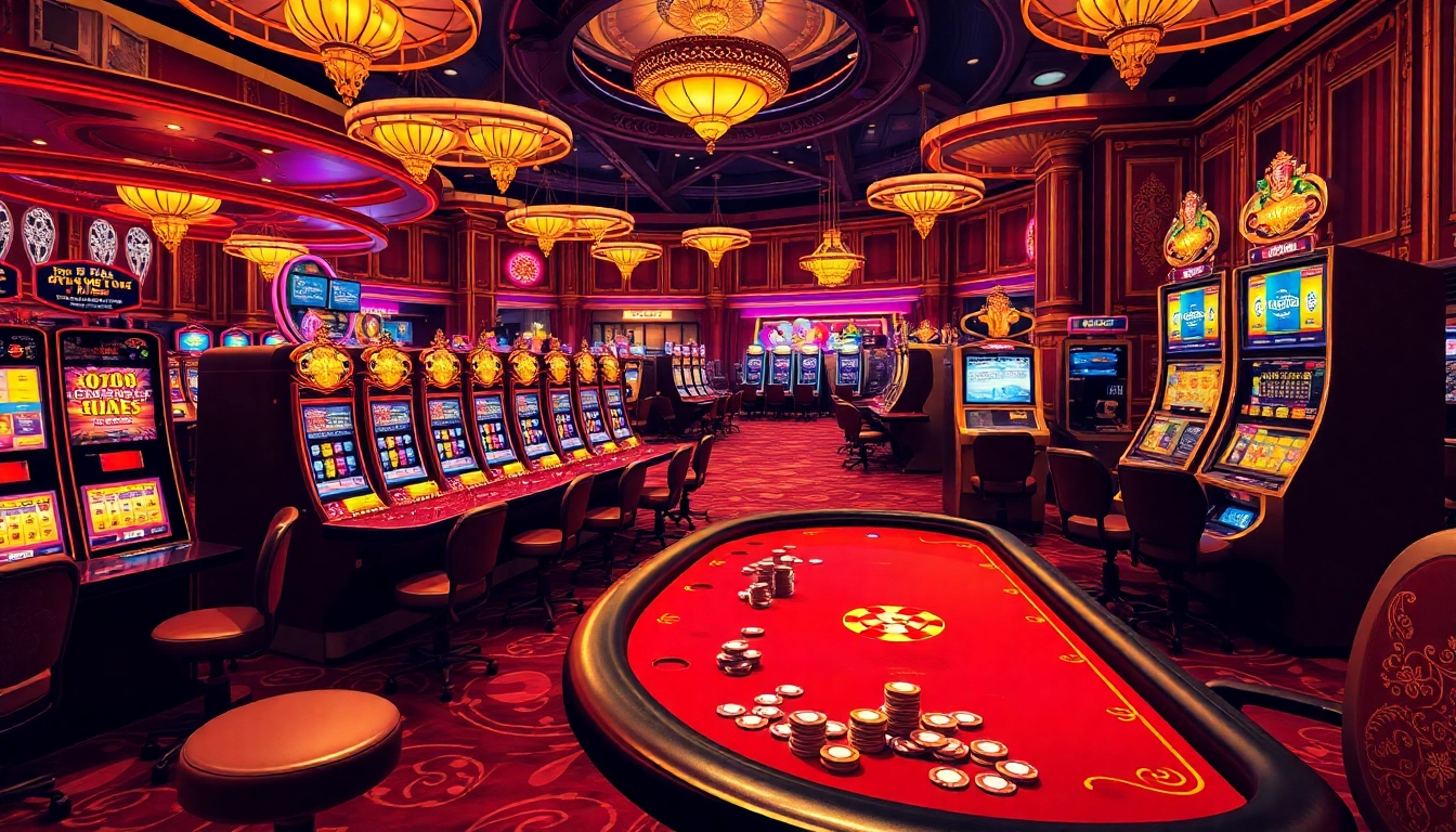 Experience the excitement of bet888 at a luxurious casino featuring vibrant tables and slot machines.