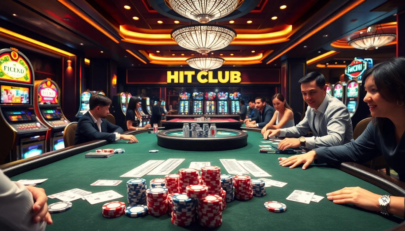 Cổng game HITCLUB offers an exciting casino experience with vibrant poker tables and slot machines.