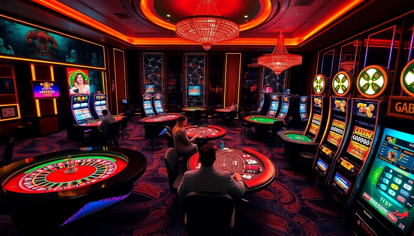 Cổng Game GO88 showcasing players enjoying thrilling casino games like poker and roulette in a vibrant atmosphere.