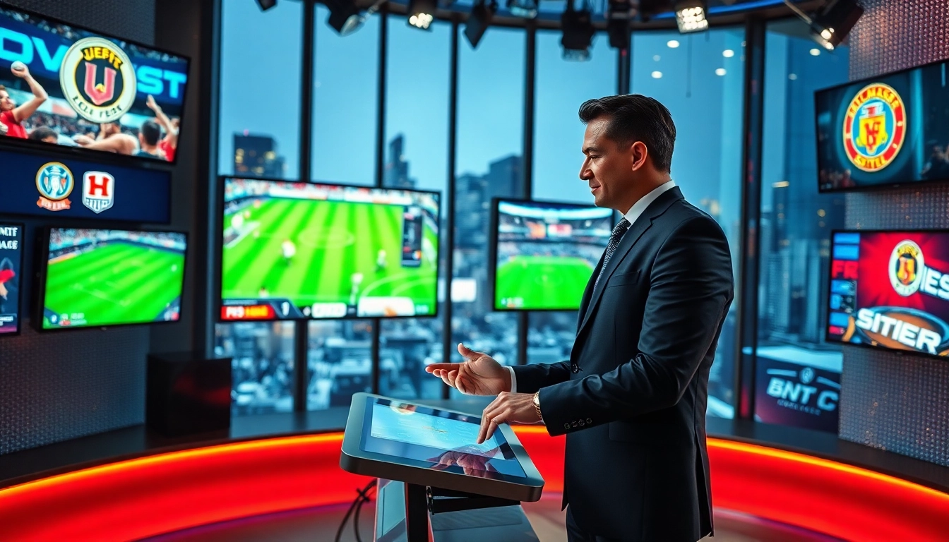 Sports Broadcasting anchor reporting live from a modern studio with vibrant screens.