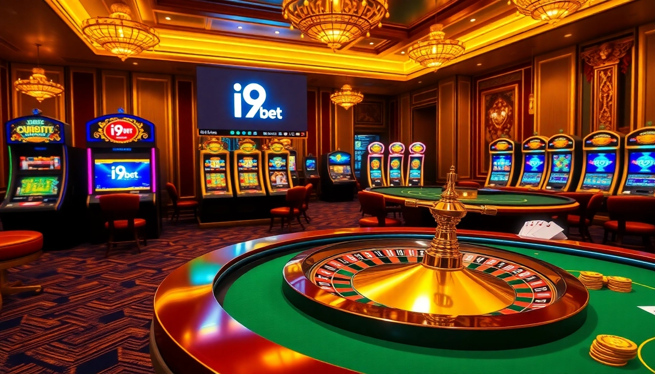 Play at i9bet.com with a stylish casino scene featuring roulette and vibrant slot machines.