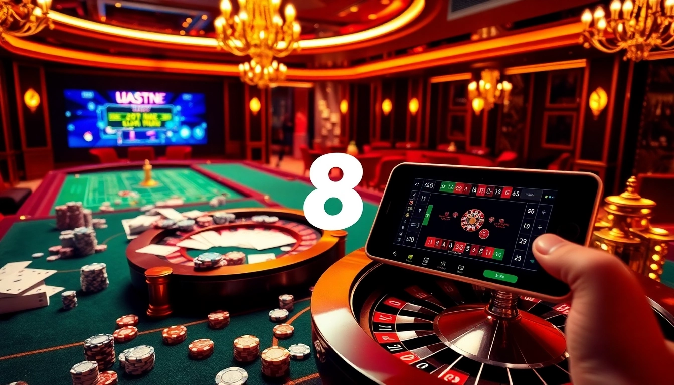 Experience the thrill of สมัครสมาชิก bk8 at a luxury online casino, featuring vibrant gaming tables and sleek mobile interface.