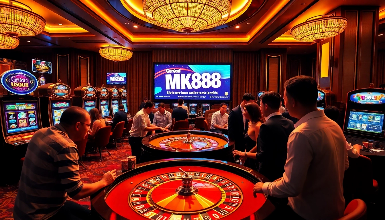 Experience thrilling gameplay with MK888 in a vibrant casino atmosphere featuring slot machines and roulette.