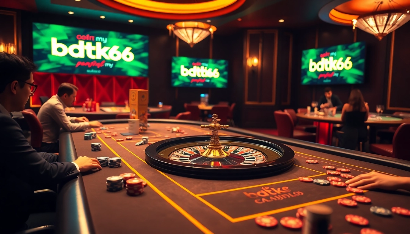 Enjoy an engaging poker game at bdtk66 my, featuring roulette wheels and chips in a luxurious casino.