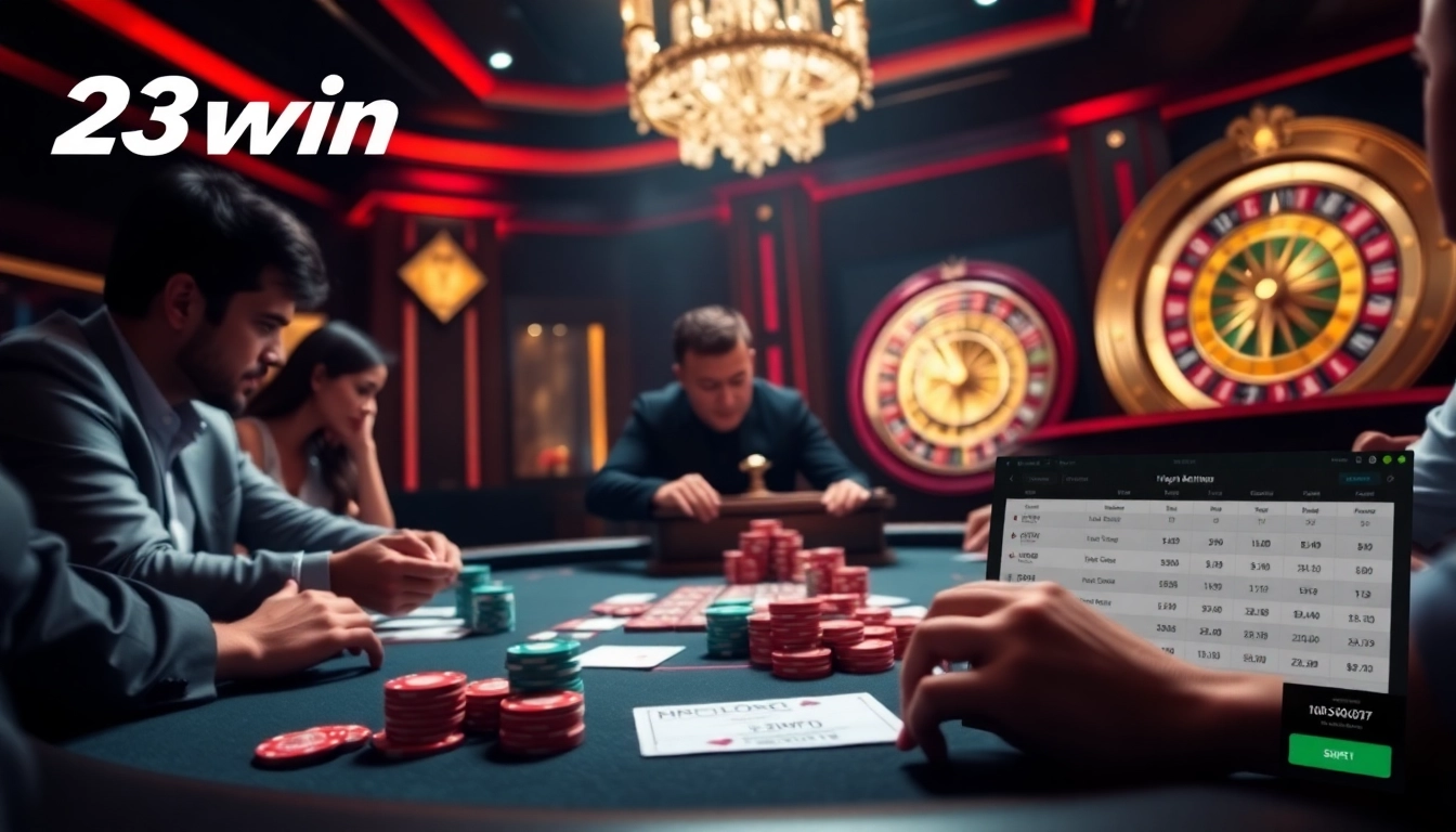 Players at a high-stakes poker table exemplify the thrill of 23win online gambling.