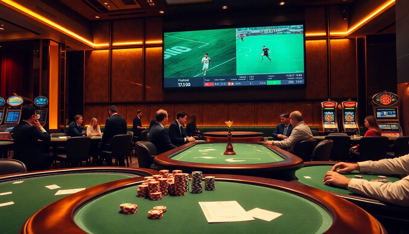 Situs Judi Bola featured in a luxurious sports betting lounge with elegantly designed gaming tables and live matches.